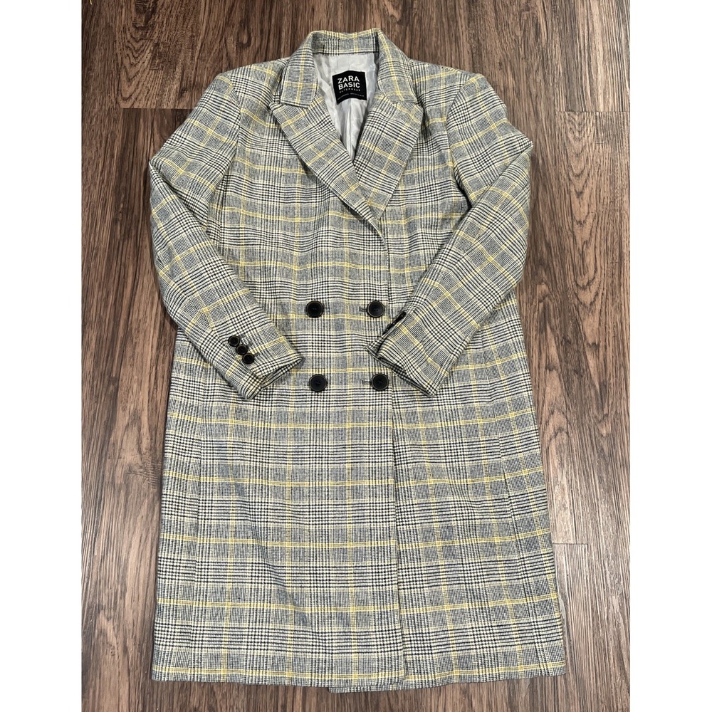 Zara Yellow grey check Checked Double Breasted Mid Length coat Size M - Picture 3 of 16